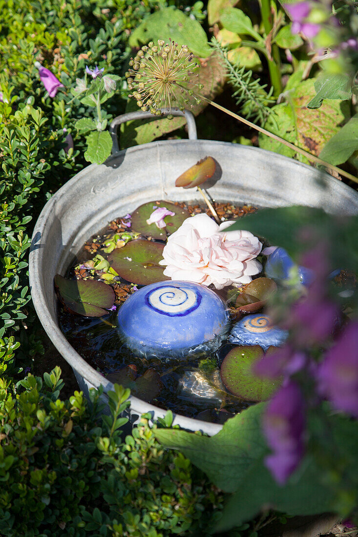 Pink flower and blue-painted pebbles in miniature pond in zinc tub