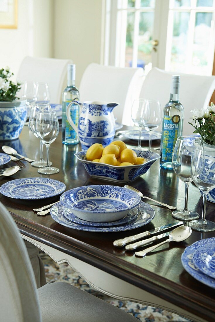 Table set with blue and white crockery