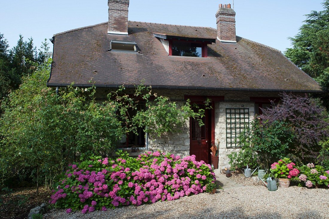 Kleines Steinhaus mit üppigen Hortensienbüschen