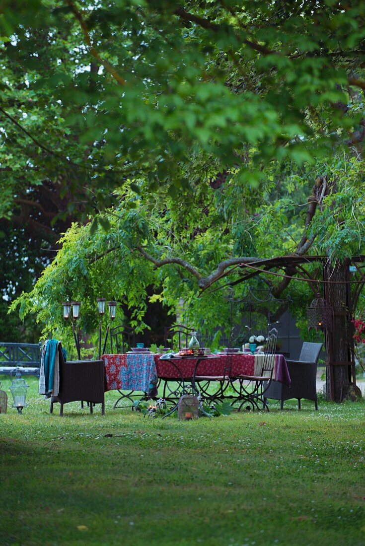 Gedeckter Tisch unter Kastanienbaum im Garten