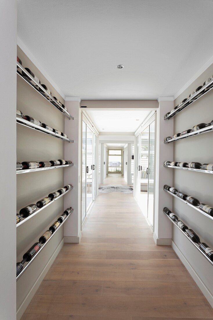 Minimalist wine store in hallway of contemporary house