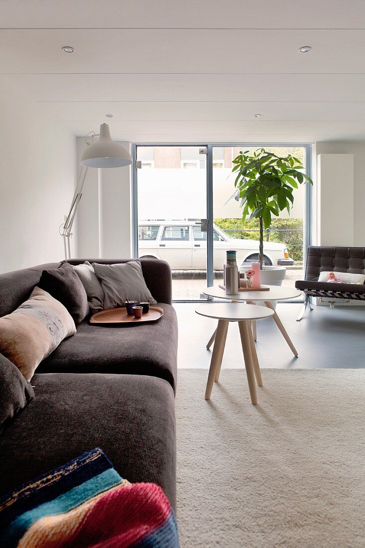 Pale living room with comfortable sofa and view of street