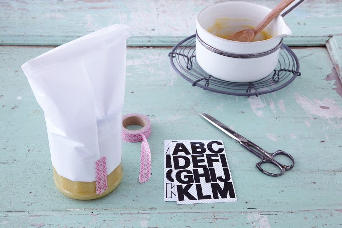 Gift wrap for homemade lemon curd being made