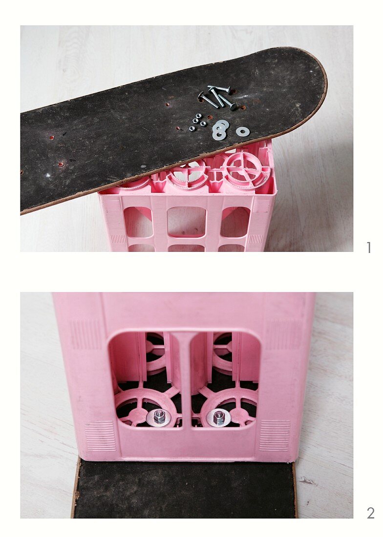 DIY-Anleitung für einen Hocker aus einer rosaroten Getränkekiste und einem aufgeschraubten, ausgedienten Skateboard