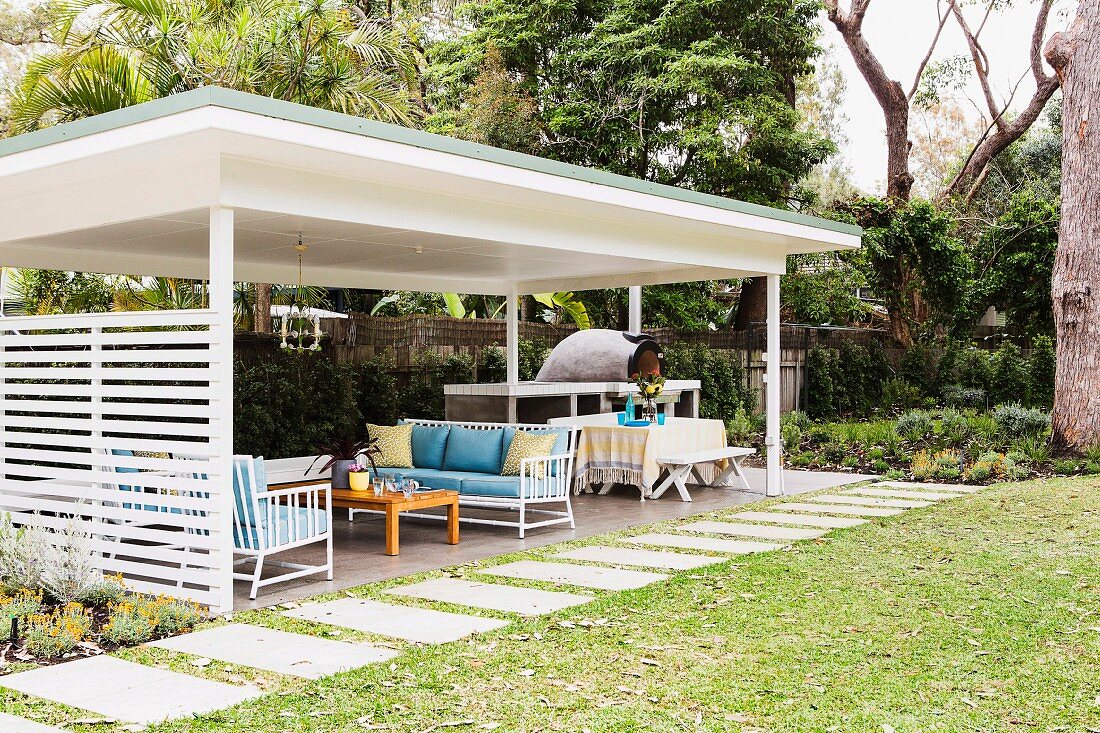 Covered terrace space with seating