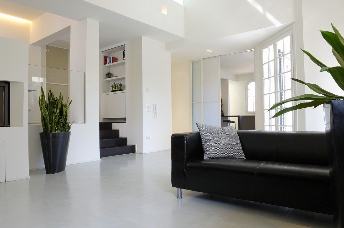 Black leather couch in open-plan interior with minimalist ambiance; black planter on floor in front of raised platform