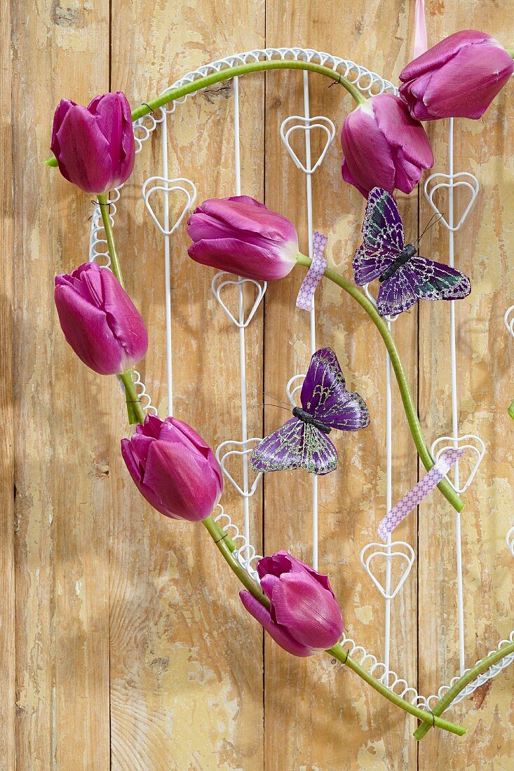 Wire heart with purple tulips