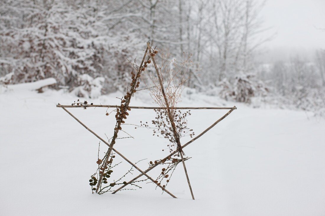 Dekostern aus Holzstäben im Schnee, mit Trockenblumen und Lärchenzweigen geschmückt