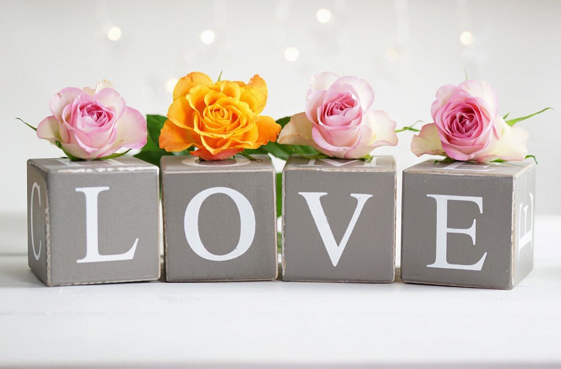 Gelbe und rosafarbene Rosenblüten auf Pappwürfeln mit Typoprint 'LOVE'