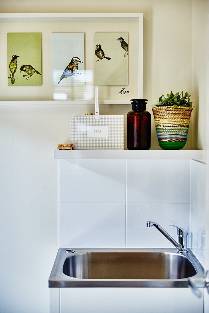Edelstahl-Waschbecken vor weiss gefliester Wand, darüber Ablage und aufgehängter Schaukasten mit Vogelbildern an getönter Wand