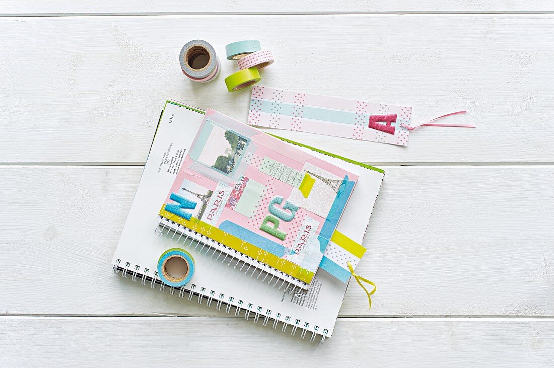 Notebook and bookmark decorated with colourful washi tape
