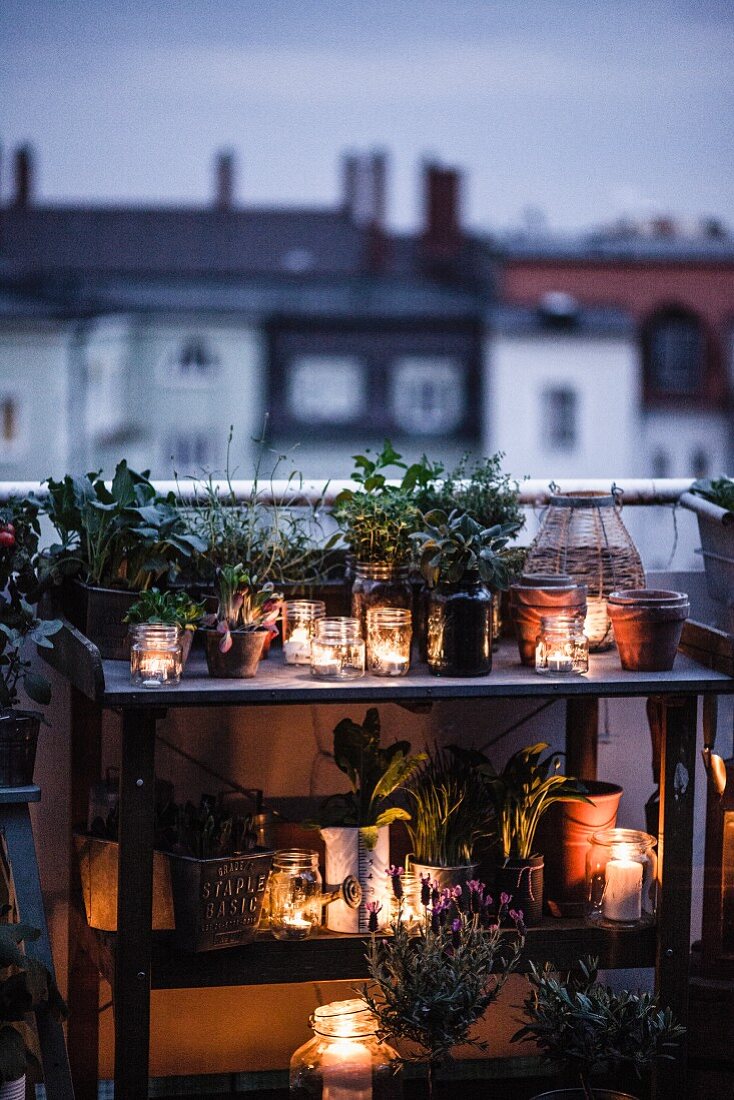 Potting bench atmospherically decorated with plants and candle lanterns on roof terrace at twilight