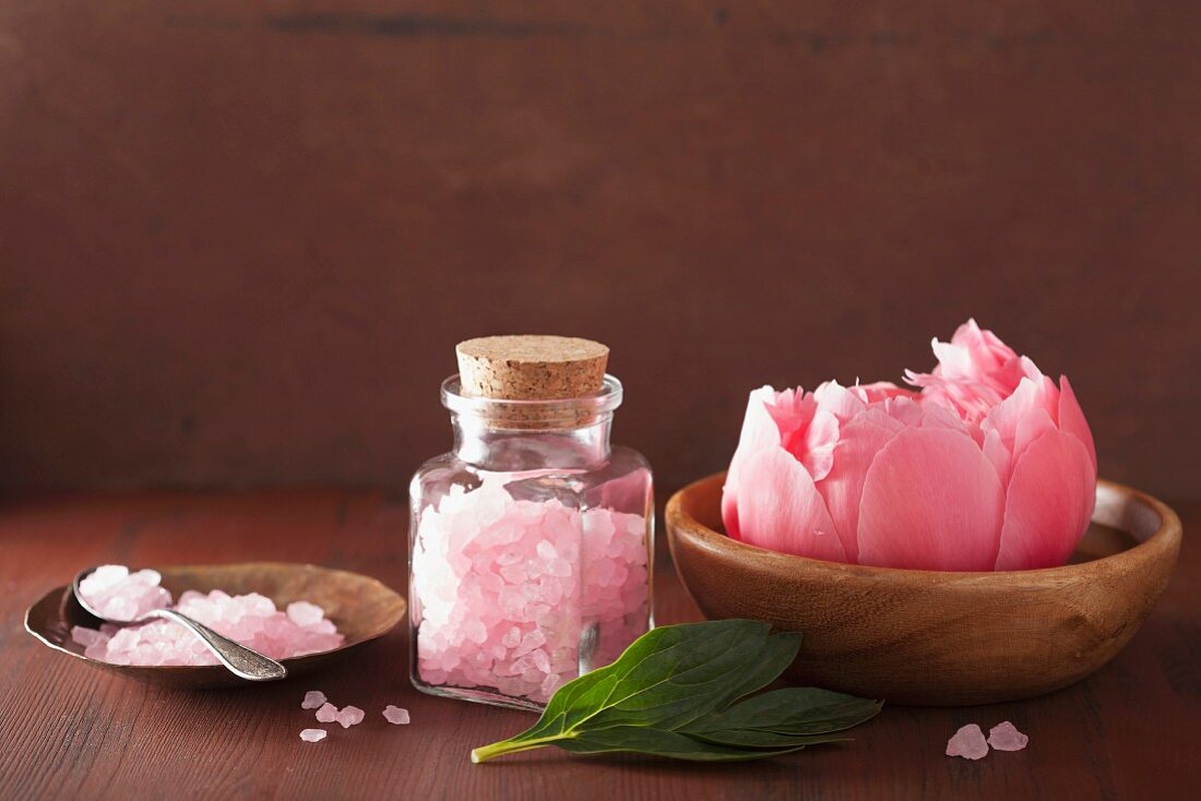 Spa set with pink bath salts and peony flower