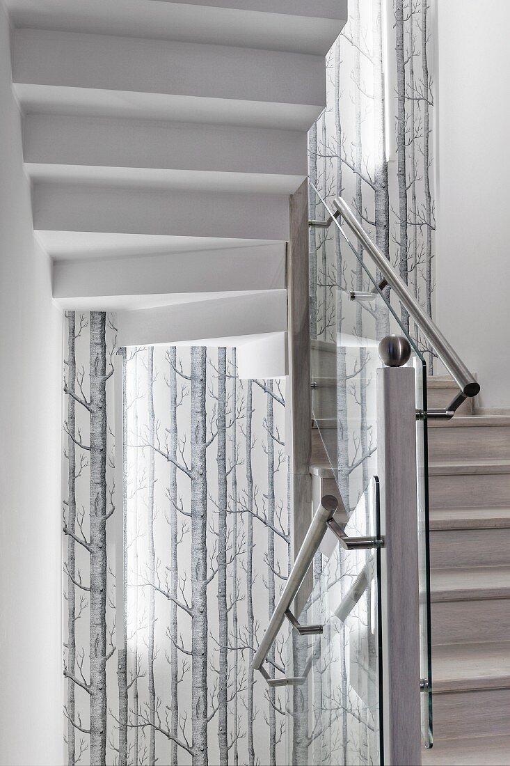 Treppenhaus mit Edelstahl Handlauf an Glasgeländer, im Hintergrund tapezierte Wand mit Baummotiv