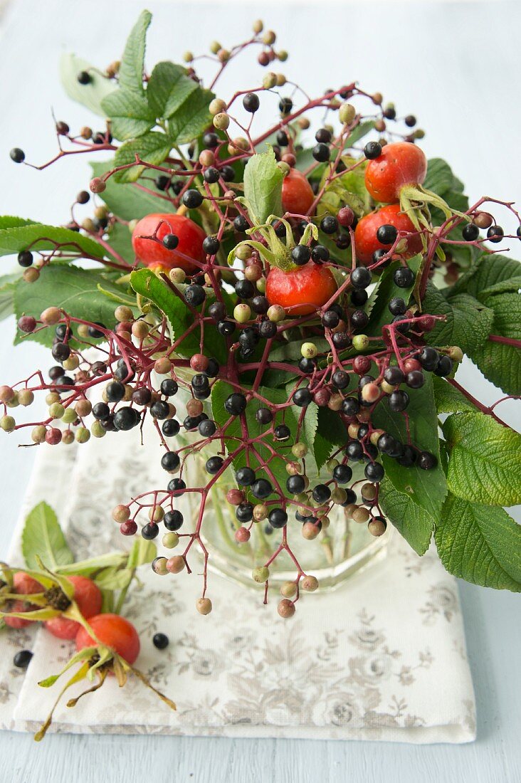 Wreath of rose hips and elderberries