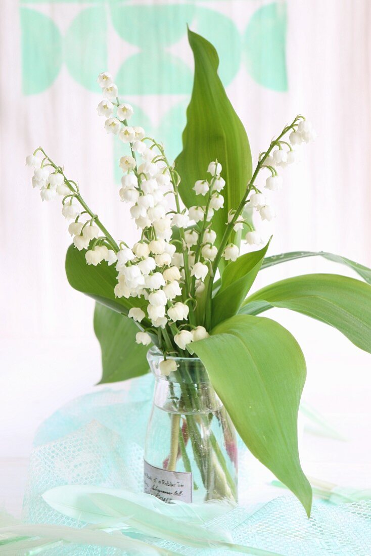 Posy of lily-of-the-valley in glass vase with vintage label