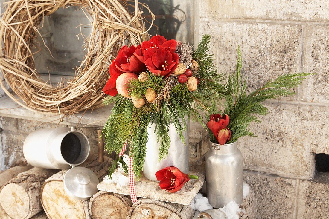 Winter bouquet of amaryllis, nuts, apples and thuja branches in old metal milk churns