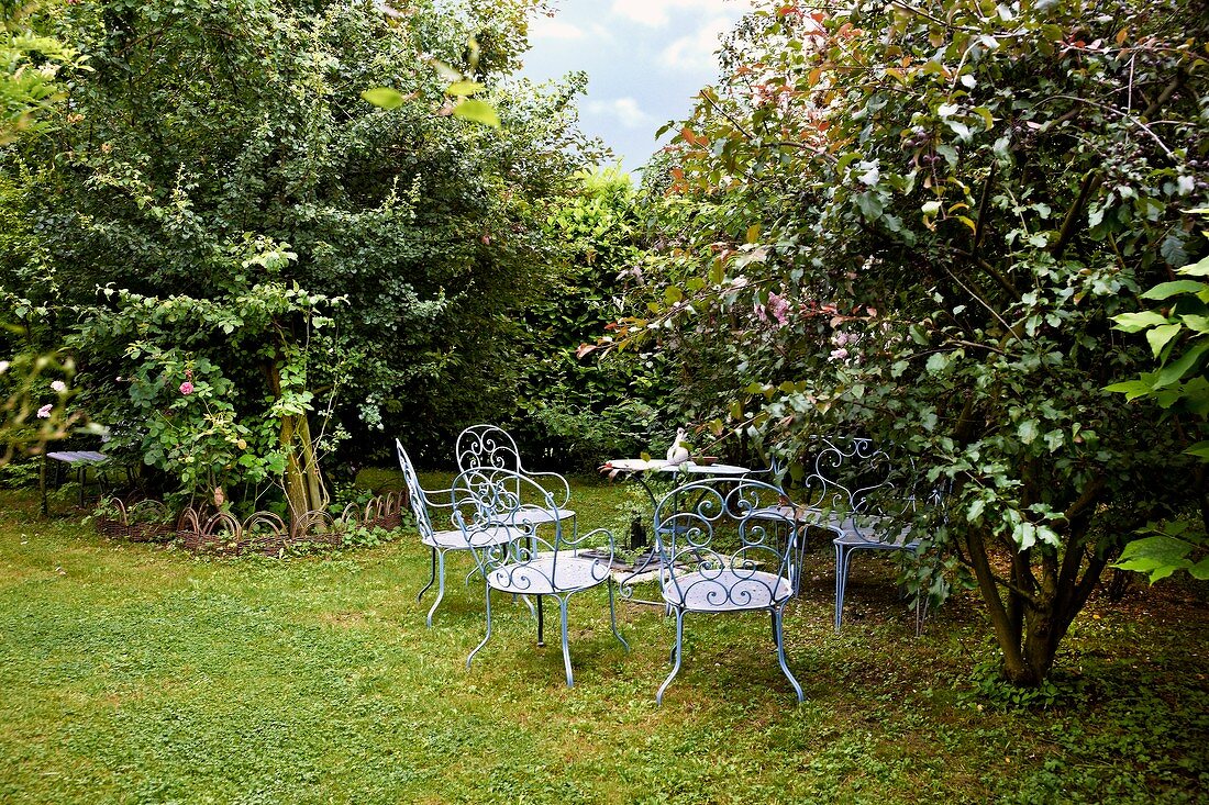 Filigrane Gartenmöbel aus blau lackiertem Metall auf Rasenfläche unter niedrigen Bäumen