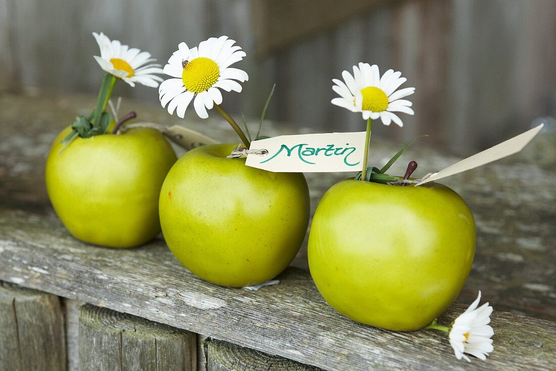Grüne Äpfel mit Margeritenblüten und Namenskärtchen als Tischdekoration