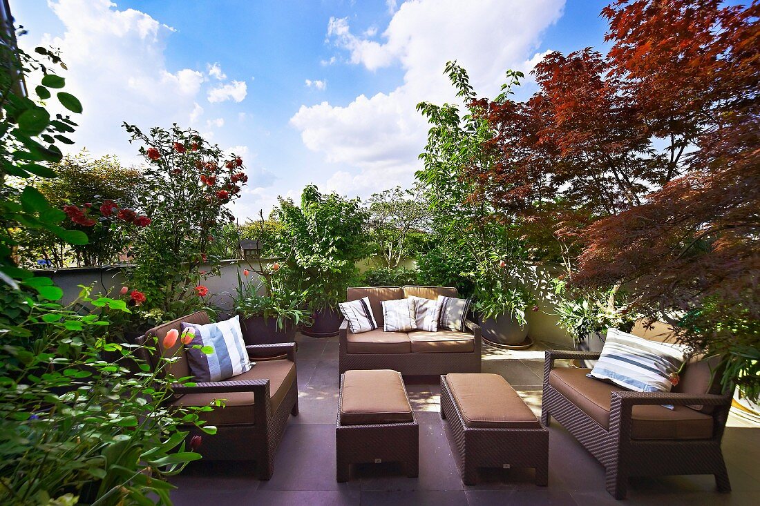 Dark brown, wicker, outdoor seating set amongst plants on roof terrace