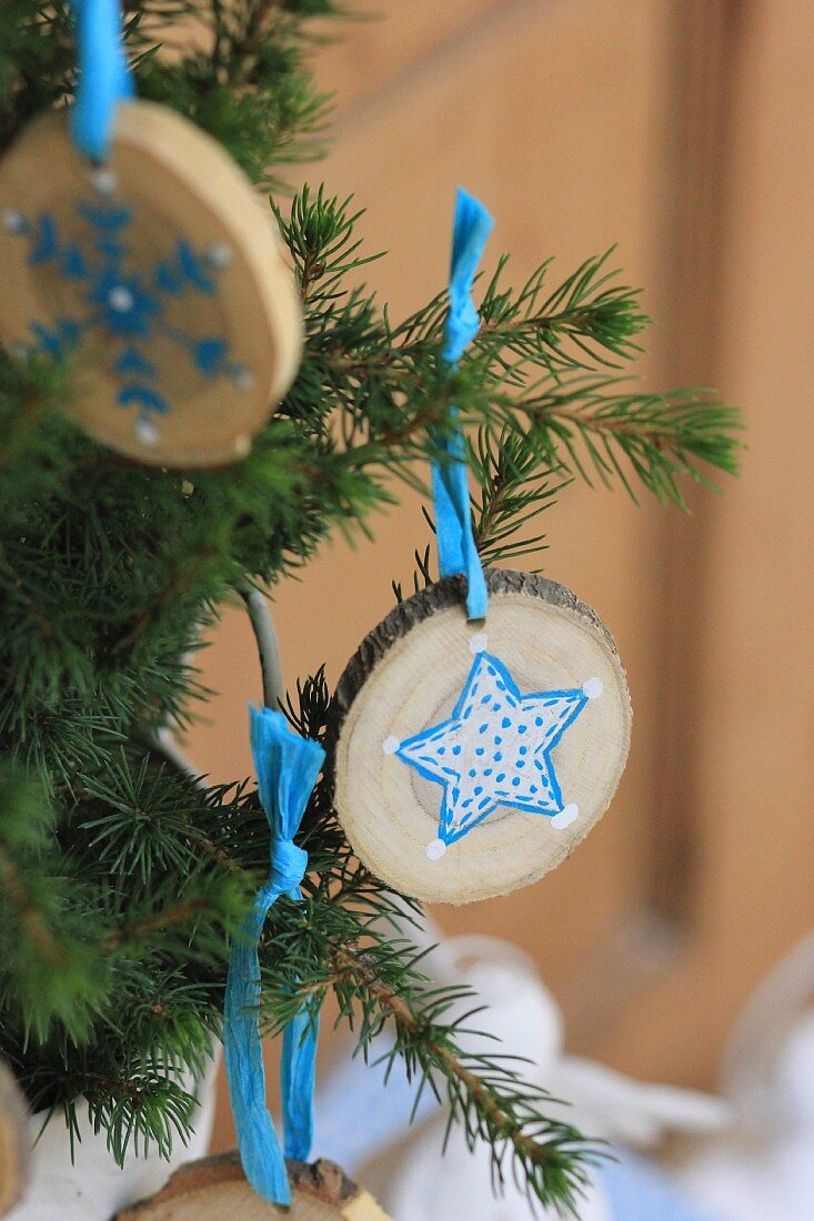 Selbstbemalte kleine Baumscheiben mit blau-weißen Sternenmotiven an Tannenzweig mit hellblauem Geschenkband