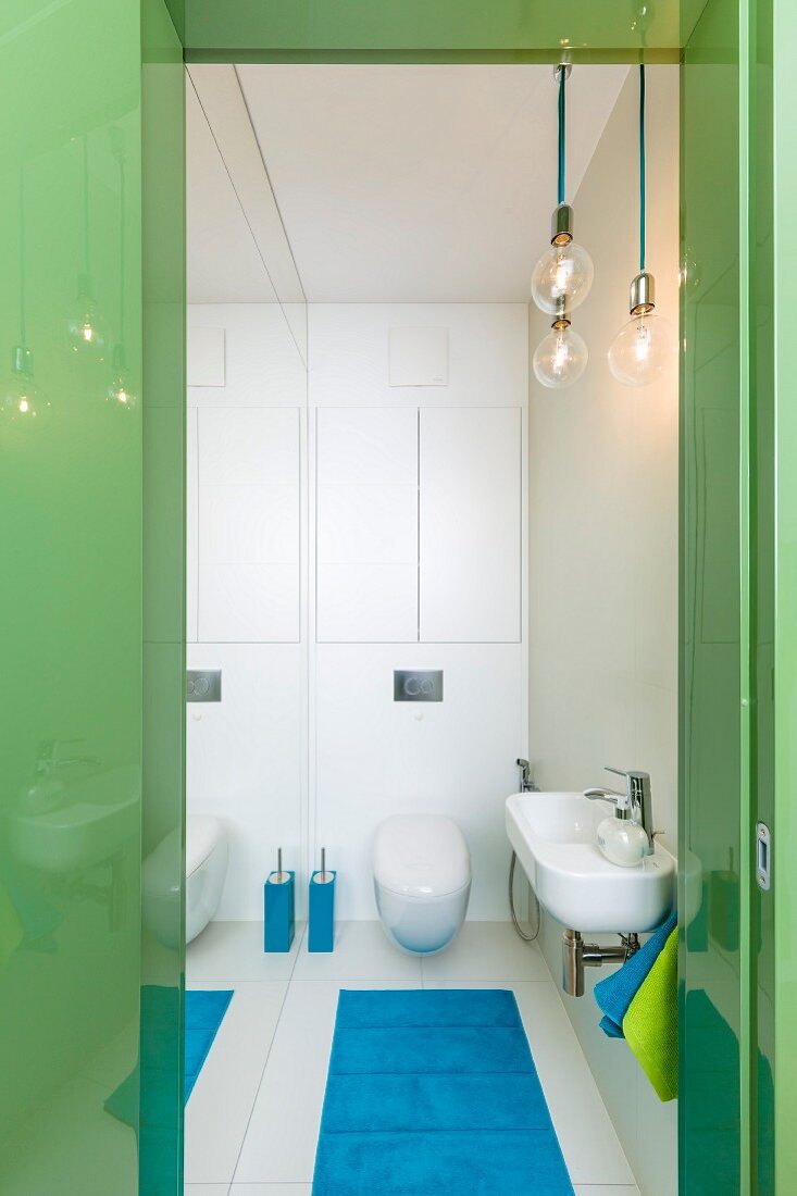View through green, glossy door frame into narrow toilet with mirrored wall
