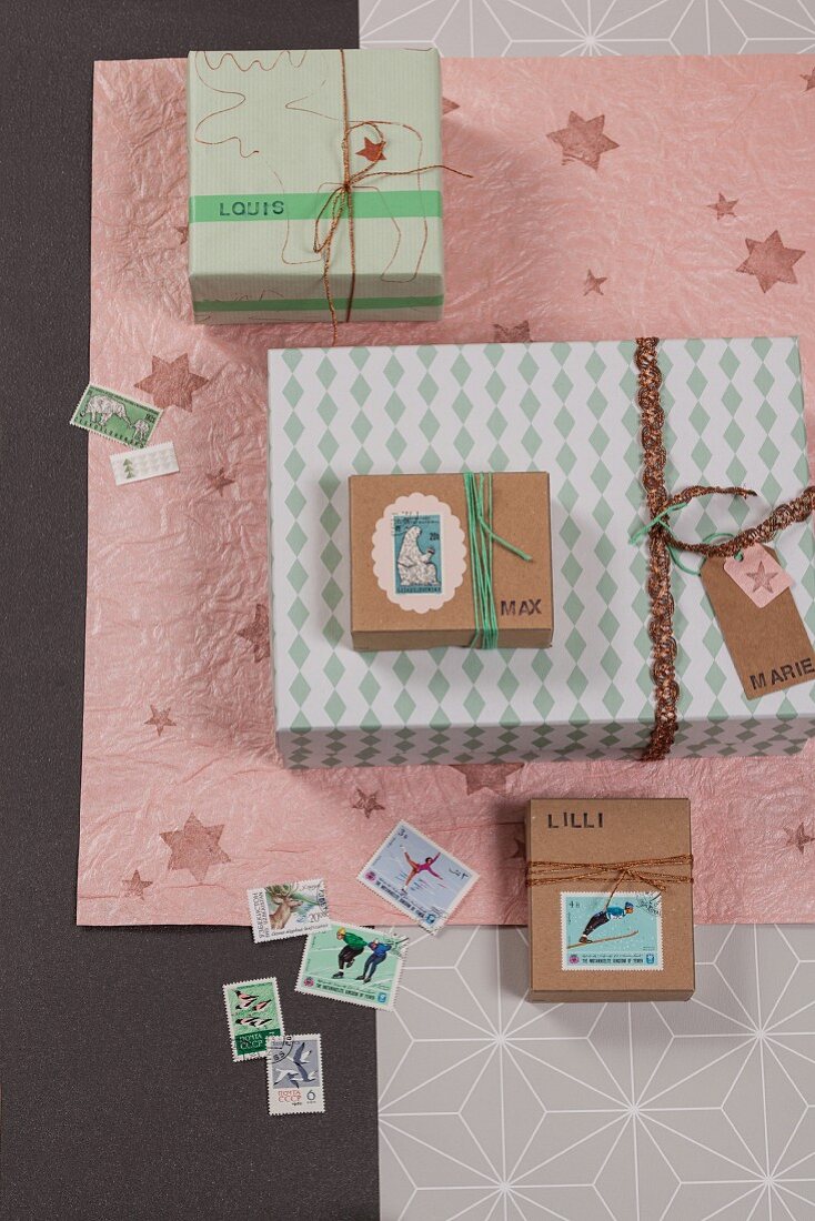 Festive gift-wrapping ideas: wrapping paper, postage stamps and ribbons