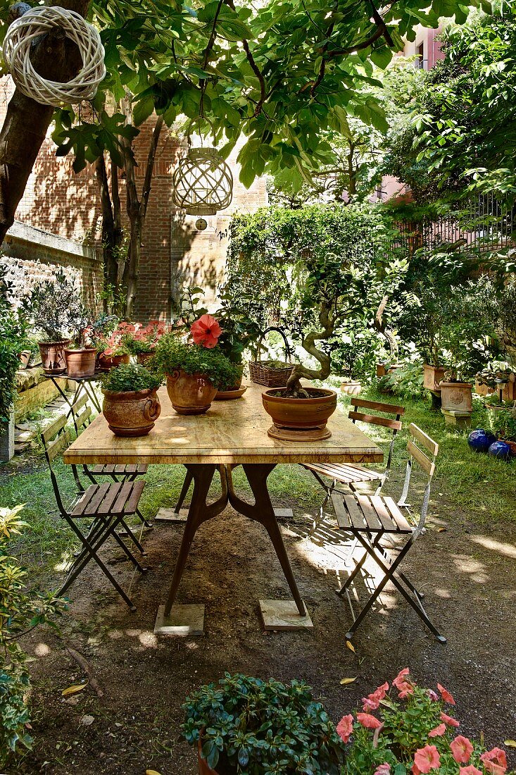 Blumentöpfe auf Holztisch und schlichte Klappstühle unter schattigem Baum im Innenhof