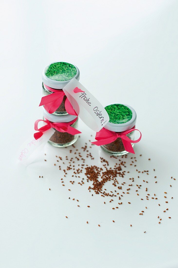 Cress seeds in screw-top jars with pictures of plants on lids tied with ribbons as Easter gift