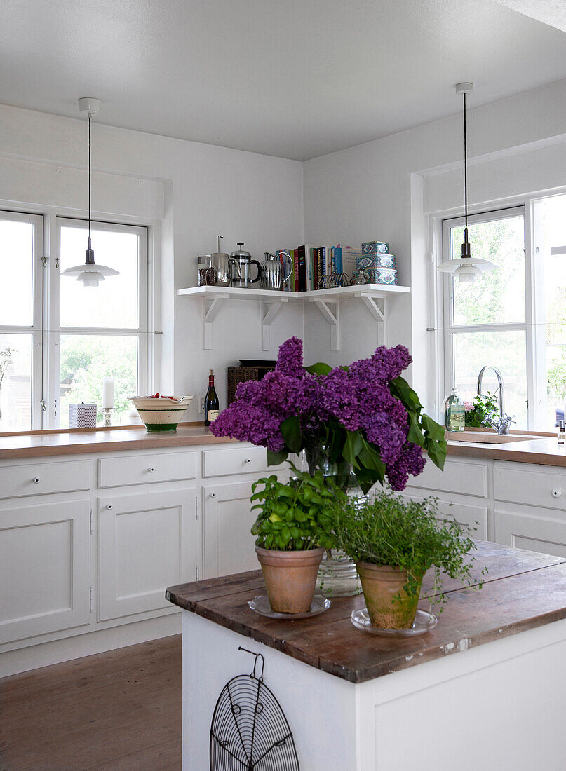 Vase of lilac and potted herbs in white country-house kitchen