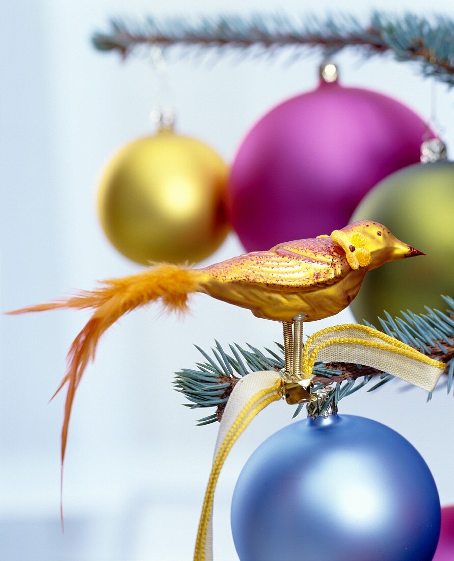 Gold bird-of-paradise Christmas tree decoration with feather tail