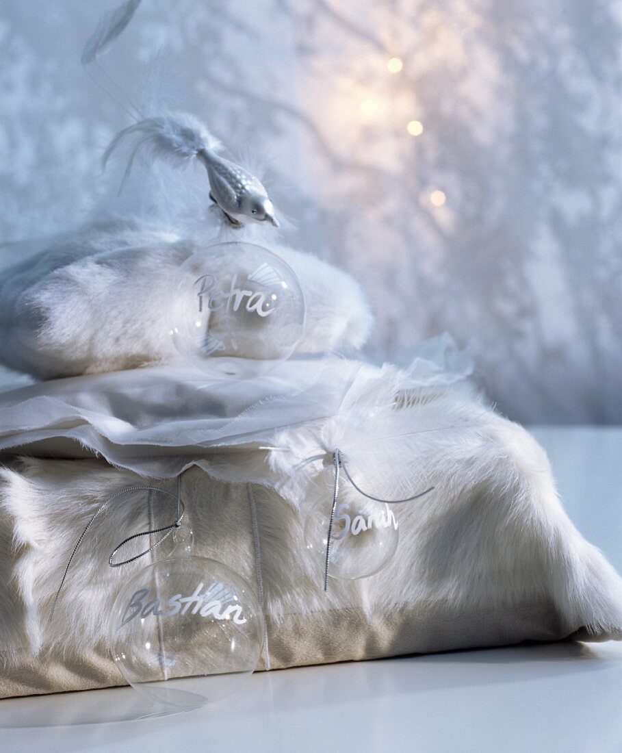 White fluffy and organza cushions covers used as unusual gift packages