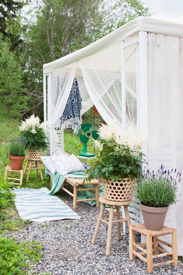 Romantic garden pavilion with airy fabric curtains and potted plants