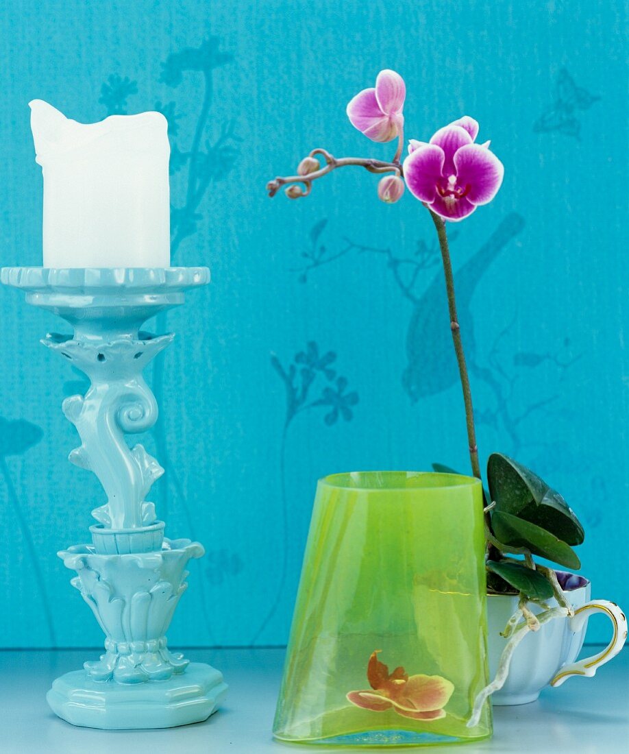 Hellblauer Kerzenständer, grüne Glasvase und Orchidee in nostalgischer Kaffeetasse