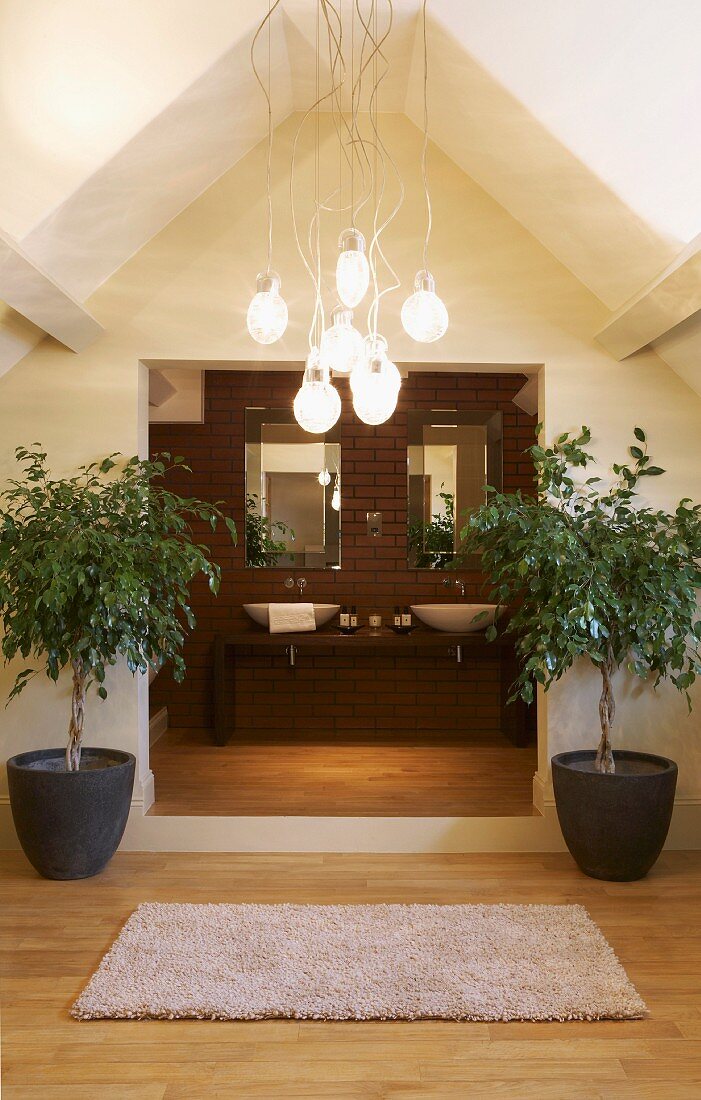 View from bedroom with bundle of lamps above doorway leading into ensuite bathroom flanked by potted ficus trees