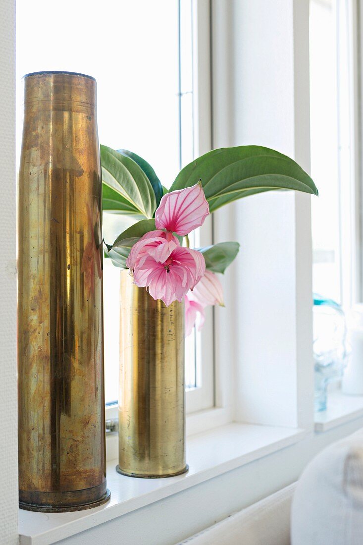 Small pink flower in one of two brass vases made from shell casings on windowsill