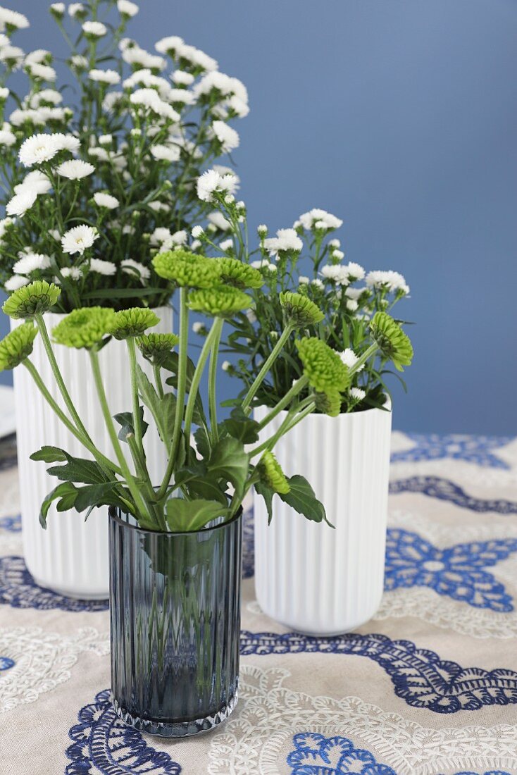 Vases of green and white chrysanthemums on blue and white tablecloth