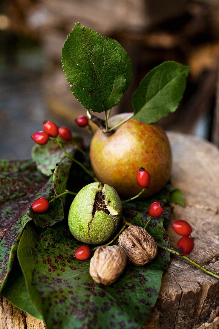 Still-life arrangement of autumn fruits and walnuts on old chopping block