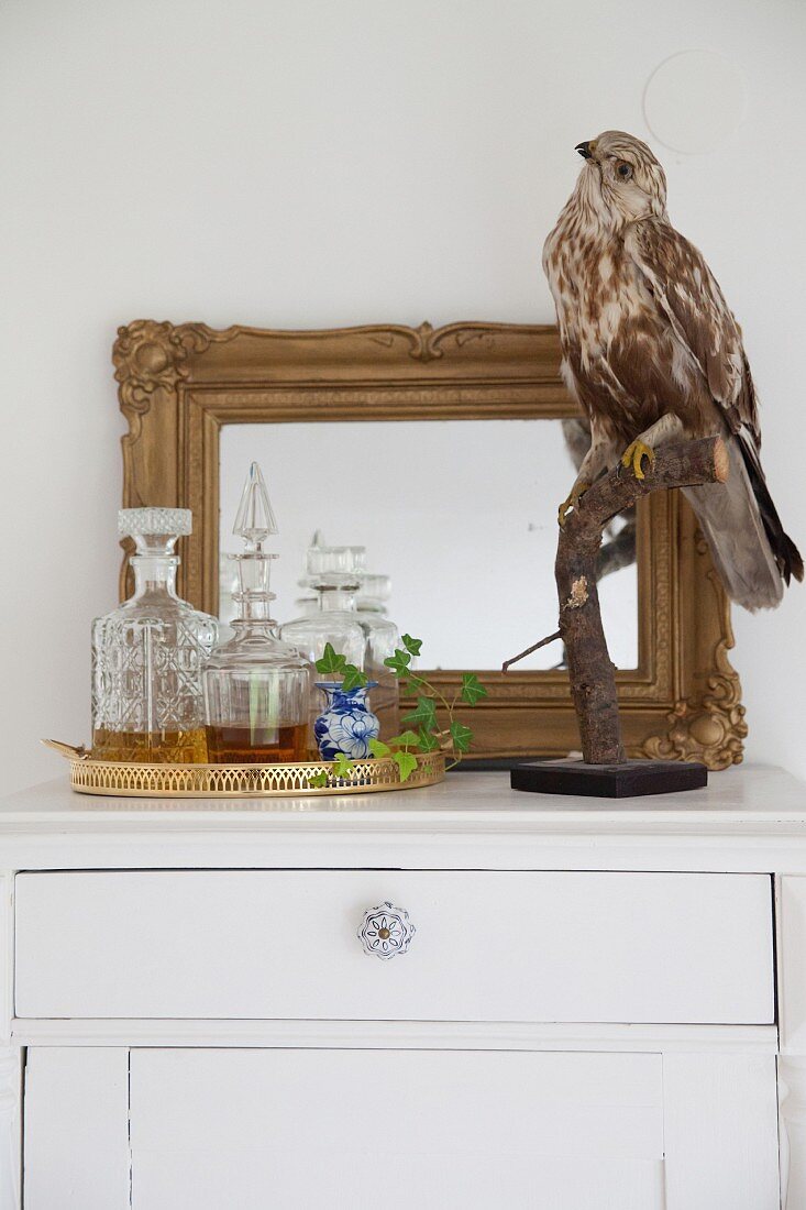 Ausgestopfter Vogel und ein Tablett mit Glaskaraffen vor dem Spiegel