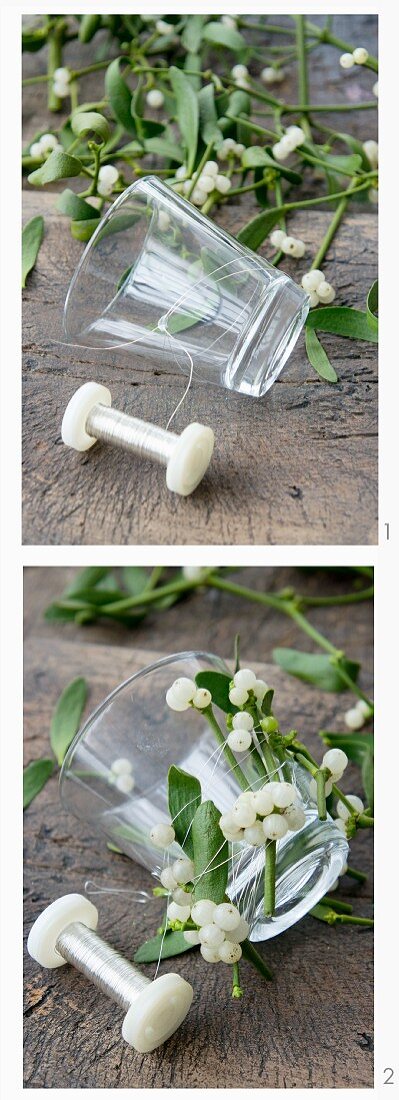 Instructions for wrapping a tealight holder in mistletoe and wire