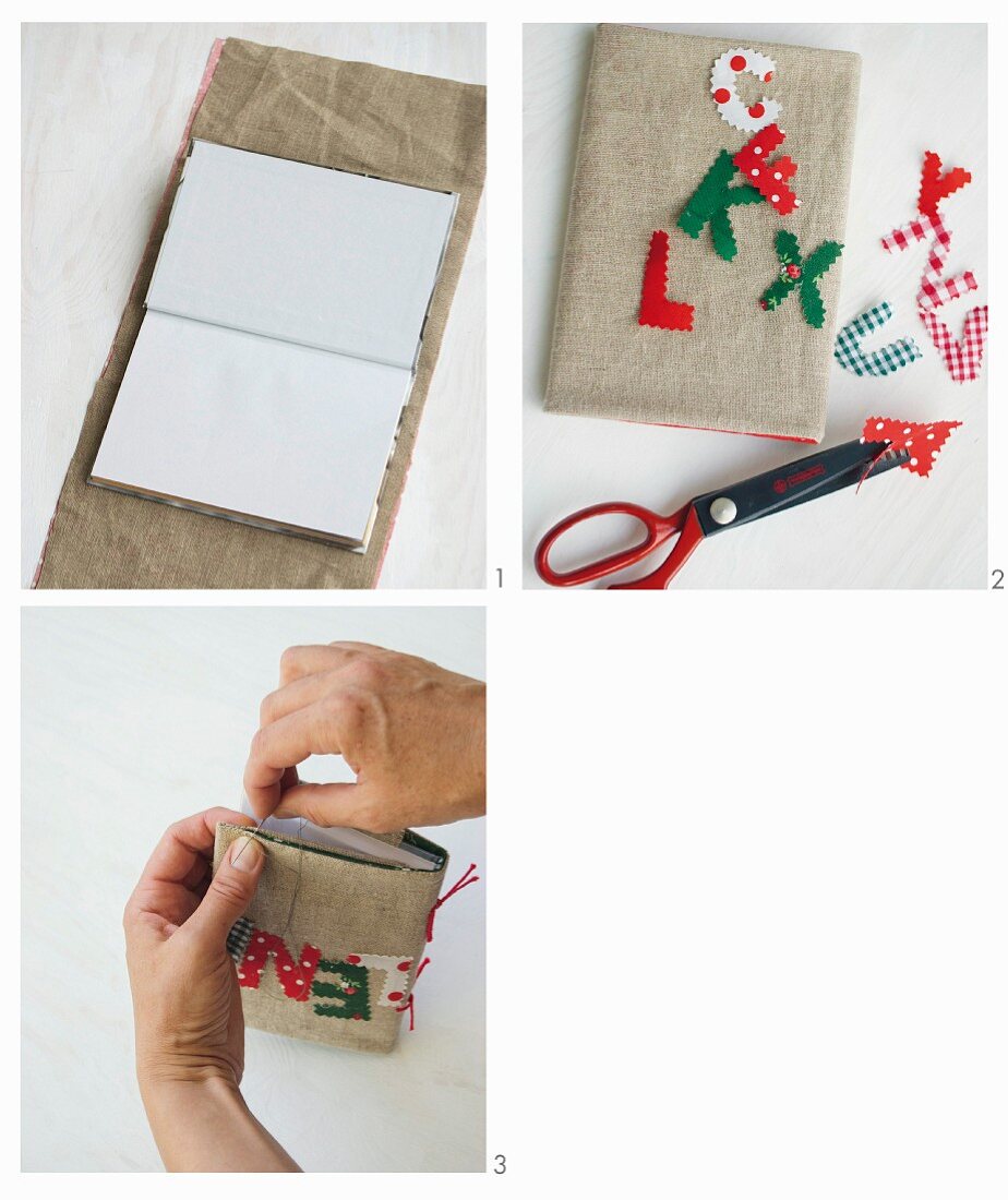 Instructions for making a linen book cover decorated with letters cut using pinking shears