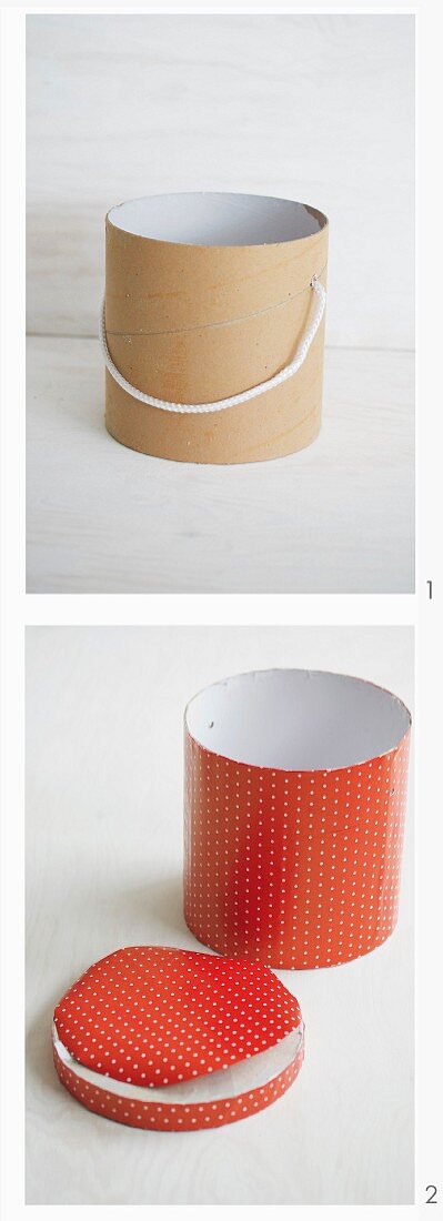 Covering a cardboard tube with red and white polka-dot wrapping paper