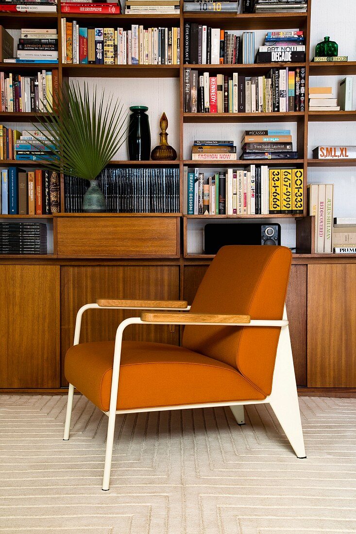 Brown armchair in front of retro-style veneer shelving