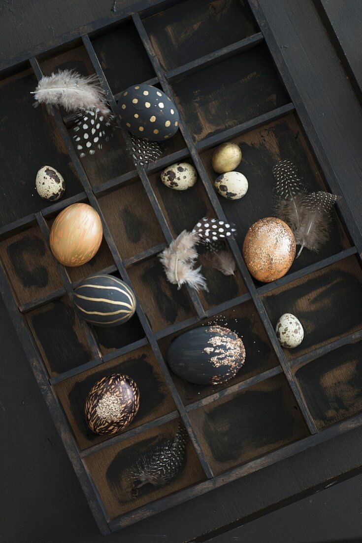 Verschieden bemalte Eier mit Gold und Glitzer und Federn in dunklem Setzkasten