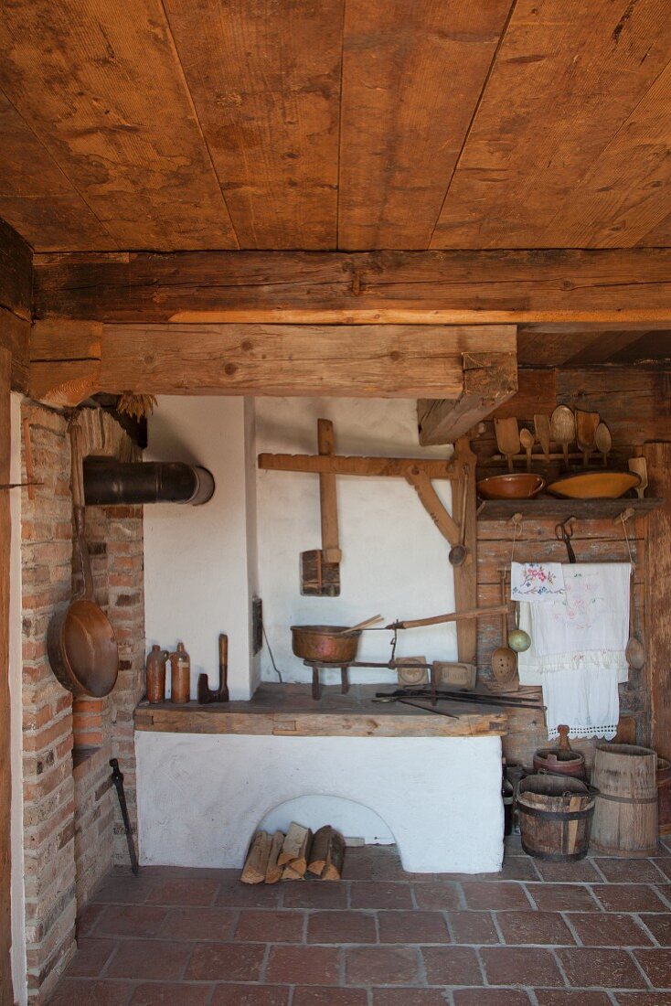 Traditional kitchen area in historical farmhouse
