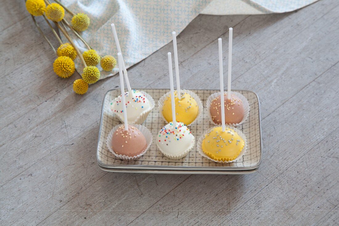 Cake pops standing upside down in square dish