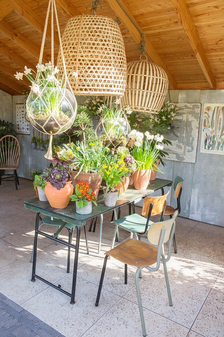 Blühende Topfpflanzen auf Gartentisch mit Retro Stühlen in halboffenem Gartenhaus