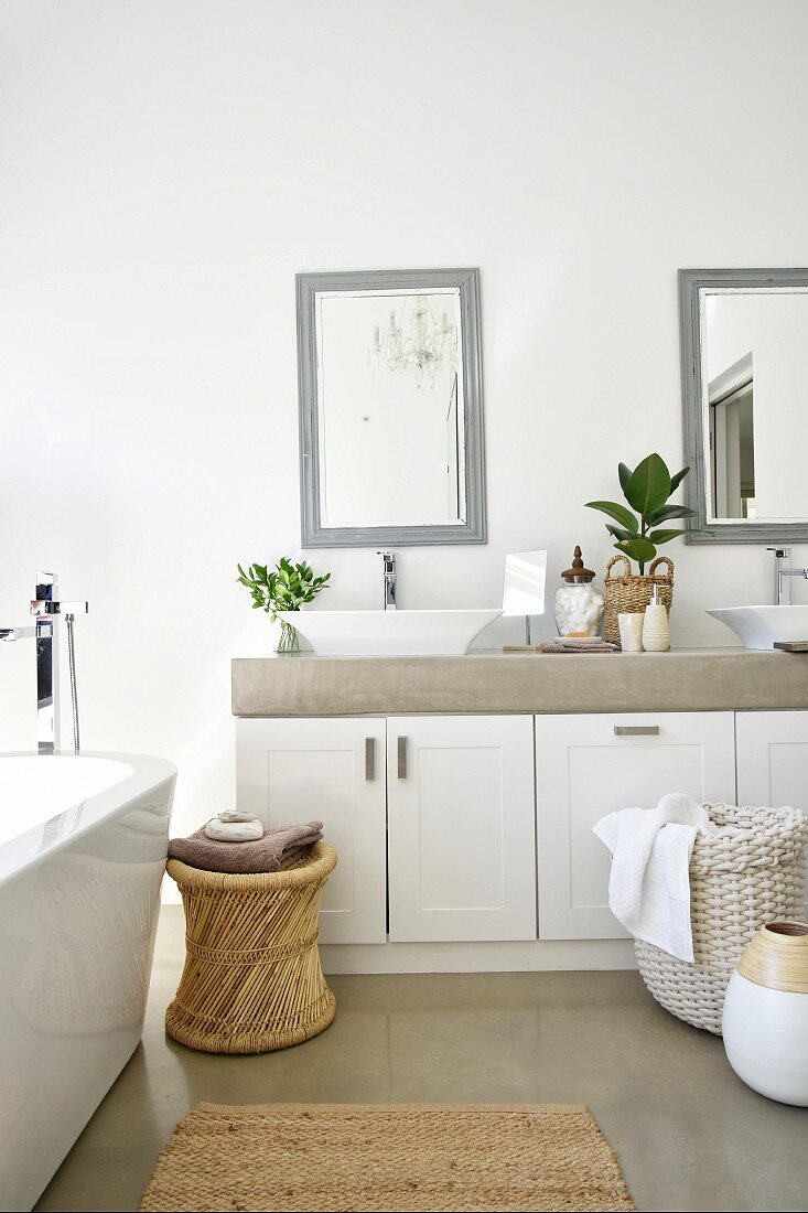 Twin washstand in modern bathroom in shades of grey