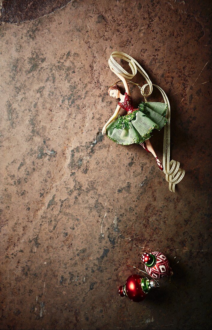 Vintage Christmas decorations on a stone surface