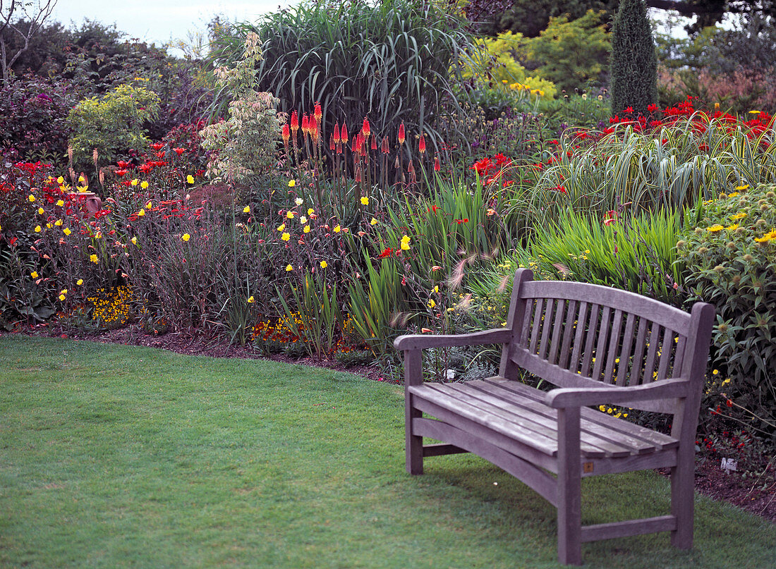Garden bench in front of perennial border